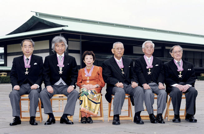 Donald Keene ’42, ’49 GSAS (far right) received the Order of Culture from Emperor Akihito during a Culture Day ceremony at the Imperial Palace in Tokyo on November 3, 2008. Other honorees included (left to right) Makoto Kobayashi, a winner of the Nobel physics prize; maestro Seiji Ozawa; novelist Seiko Tanabe; Hironoshin Furuhashi, chairman emeritus of the Japan Swimming Federation; and Toshihide Masukawa, a winner of the Nobel physics prize. PHOTO: KYODO VIA AP IMAGES